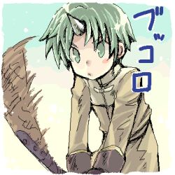  1boy 2000s_(style) acolyte_(ragnarok_online) cassock club_(weapon) commentary_request cone_horns dated_commentary green_eyes green_hair grey_horns holding holding_club holding_weapon horns long_sleeves looking_at_viewer lowres male_focus oekaki ragnarok_online re-na short_hair single_horn solo swinging_weapon upper_body weapon 