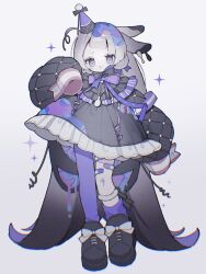  1girl asymmetrical_legwear bandaid bandaid_on_leg black_dress black_shoes blunt_bangs bow bowtie commentary dress footwear_bow frilled_dress frills full_body grey_eyes grey_hair hand_up hat highres long_hair long_sleeves looking_at_viewer open_mouth original pantyhose purple_bow purple_bowtie purple_hat purple_pantyhose purple_socks shoes simple_background single_leg_pantyhose single_sock sleeves_past_fingers sleeves_past_wrists socks solo standing symbol-only_commentary uneven_legwear upa_papa_co very_long_hair white_background white_bow 