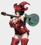  1girl akakitsu arched_back bare_shoulders black_hair boots breasts choker contrapposto gloves green_eyes guilty_gear guitar hat i-no instrument looking_at_viewer mole nail_polish no_bra short_hair simple_background solo thigh-highs thigh_boots witch witch_hat 