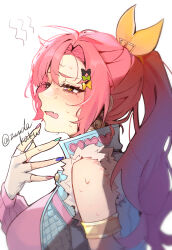  1girl armlet artist_name bare_shoulders blue_vest blush breasts commentary_request earrings fang fingerless_gloves from_side fur-trimmed_vest fur_trim gloves gold_armlet gold_collar gold_earrings hair_between_eyes hair_ribbon highres jewelry large_breasts long_hair mole mole_under_eye multicolored_nails nicole_demara nicole_demara_(cunning_cutie) official_alternate_costume open_mouth pink_arm_warmers pink_hair pink_tube_top ribbon simple_background skin_fang solo strapless sweat tube_top twintails twitter_username vest white_background white_gloves yellow_ribbon zenless_zone_zero zunda_kaku 