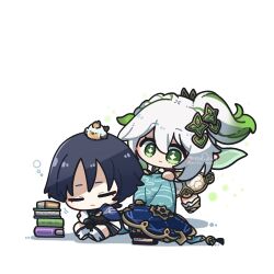  1boy 1girl animal_on_head anklet arikuigames1105 armor belt bird bird_on_head black_belt black_bridal_gauntlets black_hair blanket blue_cape blue_hat blue_sleeves blunt_ends book book_stack bracelet bridal_gauntlets cape chibi chibi_only closed_eyes closed_mouth cross-shaped_pupils crossed_arms deformed detached_sleeves dress finch floating furisode genshin_impact gold gold_trim green_cape green_eyes green_hair green_sleeves hair_ornament half_crown_braid hand_on_own_arm hat heart heart_hair_ornament high_side_ponytail highres holding holding_blanket japanese_armor japanese_clothes jewelry jingasa kimono kote kurokote layered_sleeves leaf leaf_hair_ornament leg_warmers levitation light_blush long_hair looking_at_another mandala multicolored_hair nahida_(genshin_impact) on_head scaramouche_(genshin_impact) short_sleeves sidelocks sitting sleeping smile socks streaked_hair symbol-shaped_pupils tareme toeless_socks twitter_username unworn_hat unworn_headwear wanderer_(genshin_impact) watermark white_dress white_hair white_kimono white_leg_warmers white_sleeves white_socks white_trim wispy_bangs 