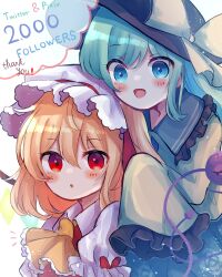  2girls :d :o absurdres ascot black_hat blonde_hair blush bow commentary contrast_collar crystal_wings dorowa_(drawerslove) english_text flandre_scarlet frilled_ascot frilled_hat frilled_sailor_collar frilled_sleeves frills green_eyes green_hair green_sailor_collar hair_between_eyes hat hat_bow highres komeiji_koishi looking_at_another looking_at_viewer milestone_celebration multiple_girls puffy_short_sleeves puffy_sleeves red_eyes red_vest sailor_collar shirt short_sleeves sleeves_past_fingers sleeves_past_wrists smile thank_you third_eye touhou vest white_hat white_shirt wings yellow_ascot yellow_bow yellow_shirt 