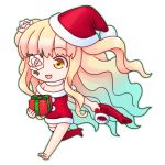  1girl :d aka_(s3637) bare_shoulders blonde_hair boot_removed boots chibi choker christmas dress eyepatch flower flower_eyepatch gift hat kirakishou long_hair open_mouth rose rozen_maiden santa_costume santa_hat single_boot smile solo thigh-highs thigh_boots two_side_up very_long_hair yellow_eyes 