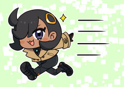  1girl :3 absurdres ahoge black_bodysuit black_hair black_shoes blush blush_stickers bodysuit brown_jacket chibi chibi_only commentary_request dark-skinned_female dark_skin dot_nose emma_(pokemon) eyelashes flat_color full_body hair_ornament hair_over_one_eye highres jacket long_sleeves mega_stone motion_lines naruto_run open_mouth pokemon pokemon_legends:_z-a running shoes short_hair shouji_hironori smile solo violet_eyes 