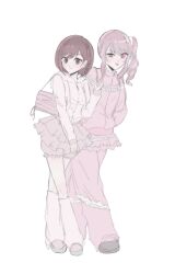  1girl 1other 2geojiyeah akiyama_mizuki bag bloomers braid brown_eyes brown_hair commentary_request full_body fur-trimmed_hood fur_trim hair_ornament hand_in_pocket highres hood hood_down hoodie jacket korean_commentary leg_warmers long_sleeves looking_at_viewer pants pants_under_skirt pink_eyes pink_hair pink_theme project_sekai shinonome_ena short_hair shoulder_bag side_ponytail skirt smile tongue tongue_out track_jacket uneven_eyes 