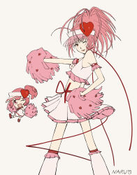  2girls absurdres amulet_heart armlet blush commentary frilled_armlet hand_on_own_hip highres hinamori_amu holding holding_pom_poms jewelry leg_warmers looking_back magical_girl mini_person minigirl multiple_girls neck_ribbon one_eye_closed pink_eyes pom_pom_(cheerleading) ponytail ran_(shugo_chara!) ribbon shugo_chara! sidelocks signature skirt smile visor_cap yuxx00xxx 