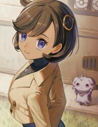  1girl black_bodysuit black_hair bodysuit brown_jacket dark-skinned_female dark_skin emma_(pokemon) espurr grass grey_fur jacket looking_at_viewer mint_pk pokemon pokemon_(creature) pokemon_legends:_z-a short_hair violet_eyes 