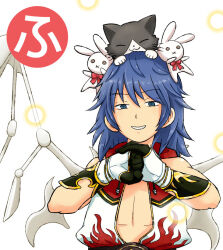  1boy animal_on_head black_cat black_gloves blue_eyes blue_hair blush cat cat_on_head champion_(ragnarok_online) coat commentary_request cracking_knuckles energy_ball flame_print gloves gold_trim grin hair_ornament long_hair looking_at_viewer male_focus nama_mana on_head open_clothes open_coat rabbit_hair_ornament ragnarok_online skeletal_wings sleeveless sleeveless_coat smile solo upper_body white_coat white_gloves wings 