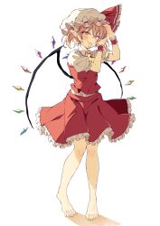  1girl absurdres alternate_eye_color ascot bare_legs barefoot blonde_hair blush commentary crystal crystal_wings fang fang_out flandre_scarlet frilled_hat frilled_ribbon frilled_sleeves frilled_wristband frills full_body hair_tie hair_tie_in_mouth hat hat_ribbon highres looking_at_viewer mob_cap mouth_hold one_side_up petticoat pointy_ears puffy_short_sleeves puffy_sleeves red_ribbon red_skirt red_vest ribbon seika_okawari shirt shirt_tucked_in short_sleeves skirt skirt_set smile solo toes touhou tying_hair vest white_hat white_shirt wings yellow_ascot yellow_eyes 