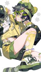 1boy animal_ears bad_source black_hair black_jacket commentary_request green_eyes highres jacket jinzhangde_piku original shorts yellow_shorts 