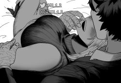  1boy 1girl boku_no_hero_academia breasts commentary cuddling english_commentary freckles greyscale hetero large_breasts long_skirt midoriya_izuku monochrome mu_1_2 open_mouth ribbed_shirt scar_on_hands shirt skirt sleeveless sleeveless_turtleneck smile socks suit turtleneck uraraka_ochaco 