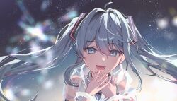  1girl ahoge aqua_eyes aqua_hair aqua_necktie blush collared_shirt commentary_request hair_between_eyes hair_ornament hatsune_miku kurobikari long_hair looking_at_viewer necktie open_mouth see-through_clothes see-through_shirt shirt sky smile solo star_(sky) starry_sky twintails very_long_hair vocaloid white_shirt 