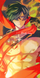  1boy abs arm_up artist_name black_gloves closed_mouth commentary_request cowboy_shot dog_tags fire frown gloves green_eyes hair_over_one_eye highres lighter_(zenless_zone_zero) male_focus nipples nude one_eye_covered parted_bangs pectorals red_scarf sanpaku scarf solo toned toned_male twitter_username zenless_zone_zero zunda_kaku 