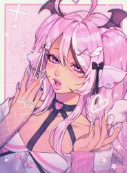  1girl \||/ ahoge black_choker black_ribbon border bow_(weapon) braid brown_streaks choker chromatic_aberration collarbone commentary commission cross_hair_ornament demon_wings double-parted_bangs drawing_bow dutch_angle ear_chain ear_piercing earrings eyelashes eyes_visible_through_hair eyeshadow fingerless_gloves fingernails fins fishnet_gloves fishnets four-pointed_star gem-studded_nails gloves grid_background gyaru_makeup hair_between_eyes hair_ornament halftone hands_up head_fins head_wings heart heart_ahoge heart_choker heart_earrings highres holding holding_bow_(weapon) holding_weapon indie_virtual_youtuber jewelry light_blush light_particles linked_piercing long_fingernails long_hair looking_at_viewer makeup mirukugatsu multicolored_nails nail_ornament noisykoala off-shoulder_shirt off_shoulder open_mouth outline piercing pink_background pink_eyeshadow pink_hair pink_lips pink_nails pink_sleeves pink_theme portrait purple_outline ribbon ribbon_hair shirt side_braid single_glove single_hair_streak single_sleeve star_(symbol) symbol-only_commentary tan teeth tongue two-tone_nails two_side_up upper_teeth_only violet_eyes weapon white_border white_gloves white_nails white_ribbon white_shirt white_streaks wing_hair_ornament wings 