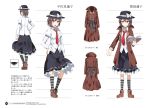  1girl ankle_boots blush book boots brown_eyes brown_hair character_sheet collared_shirt e.o. hand_on_hip hat juliet_sleeves kneehighs long_sleeves necktie open_mouth puffy_sleeves shirt skirt smile socks solo standing_on_one_leg striped striped_legwear touhou trench_coat tsurime turnaround usami_renko 