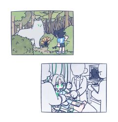  105zz aged_down animalization bandaged_leg bandages barefoot black_hair black_shorts blue_shirt border cage clipboard dog final_fantasy final_fantasy_vii final_fantasy_vii_ever_crisis forest green_eyes grey_hair holding holding_clipboard holding_stick hospital_gown in_cage intravenous_drip lab_coat male_focus multiple_boys nature scientist sephiroth sephiroth_(ever_crisis) shirt shoes shorts sitting slit_pupils sneakers stick white_border wolf zack_fair 