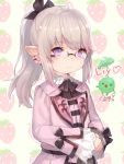  1girl blonde_hair dated earrings final_fantasy final_fantasy_xiv flower_earrings glasses hair_ribbon jewelry lalafell long_hair momoko_(momopoco) pink_eyes pointy_ears ponytail ribbon semi-rimless_glasses sidelocks signature sleeves_past_wrists smile solo upper_body 