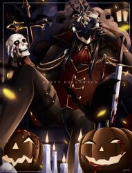  1boy alternate_costume arm_up ascot black_cape black_gloves black_helmet blood blood_on_armor blood_on_weapon candle cape capitano_(genshin_impact) collared_shirt commentary cross english_commentary english_text fire genshin_impact gloves halloween head_rest helmet highres holding holding_skull inset_border jack-o&#039;-lantern jewelry lantern long_sleeves male_focus mystical_high_collar red_ascot red_vest ring shirt sitting sitting_on_throne skull solo sword two-sided_cape two-sided_fabric uouzzz vest weapon wing_collar 