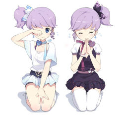  2girls animal_ears ankle_socks archived_source bad_link black_ribbon black_shirt black_skirt blue_eyes blue_ribbon blush bra bracelet closed_eyes closed_mouth collarbone covering_own_mouth djmax djmax_portable drill_hair drill_sidelocks facing_viewer frown hair_ribbon hand_over_own_mouth heart_ribbon jewelry knee_blush ladymade_star legs_together lowres microskirt miniskirt multiple_girls neck_ribbon nina_klatt purple_bra purple_hair purple_ribbon ribbon sad sehra_klatt seiza shirt short_sleeves side_ponytail sidelocks simple_background single_sidelock sitting skirt socks tears thigh-highs tiv underwear white_background white_ribbon white_shirt white_skirt white_thighhighs wide_sleeves 
