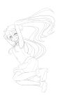  1girl absurdres armpits grin hatsune_miku highres kazenoko lineart long_hair looking_at_viewer monochrome smile solo twintails vocaloid 