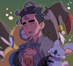  1boy black_hair black_jacket blue_necktie closed_eyes collared_shirt commentary_request dated_commentary drooling dudunsparce green_background grey_shirt highres holding jacket komala larry_(pokemon) long_sleeves male_focus necktie off_shoulder open_mouth outline picklehaterx_x pokemon pokemon_(creature) pokemon_on_arm pokemon_sv saliva saliva_trail shirt short_hair sleeping squeans staraptor thick_eyebrows 