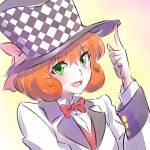  1girl bowtie checkered commentary_request formal freckles green_eyes hat iesupa jojo_no_kimyou_na_bouken orange_hair penny_polendina ribbon rwby solo spoilers top_hat upper_body will_anthonio_zeppeli_(cosplay) 