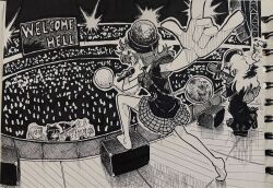  6+girls animal_ears barefoot bow chain closed_mouth dalachi_(headdress) earth_(ornament) english_text frog_hair_ornament glowstick hair_bow hair_ornament hair_tubes hakurei_reimu hat hat_bow hecatia_lapislazuli highres holding holding_glowstick holding_instrument holding_microphone instrument instrument_request junko_(touhou) kirisame_marisa kochiya_sanae long_hair microphone moon_(ornament) multiple_girls music open_mouth photo_(medium) playing_instrument rabbit_ears rabbit_girl reisen_udongein_inaba shirt shoes singing skirt smile suteruko tabard toes touhou traditional_media underworld_(ornament) witch_hat 