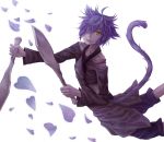  1boy absurdres ahoge blue_hair cat_tail hair_over_one_eye hans_humpty highres knife looking_at_viewer midair open_mouth rokka_no_yuusha solo tail theo_(pixiv14955017) yellow_eyes 