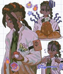  1boy brown_hair character_sticker croissant dark-skinned_male dark_skin disgust dreadlocks food green_necktie grid_background hair_between_eyes hair_tubes highres jacket looking_at_object looking_at_viewer low_ponytail male_focus multiple_expressions naveen_(pokemon) necktie orange_pupils poke_ball pokemon pokemon_legends:_z-a ponytail scrafty scraggy sticker sweatdrop tami_tome_mo undercut upper_body violet_eyes wavy_hair white_jacket 