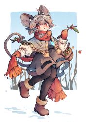  1girl :o adapted_costume adjusting_scarf ahoge animal_ear_fluff animal_ears bare_tree basket black_pants blue_capelet blue_sky blush boots border branch brown_boots capelet commentary_request crystal_necklace dress floating_hair footprints fruit_basket glowing_crystal gradient_capelet grey_capelet grey_dress grey_hair highres holding holding_branch holding_with_tail jacket long_sleeves looking_back mame_komari mittens mouse_(animal) mouse_ears mouse_girl mouse_tail nazrin open_mouth pants prehensile_tail puffy_long_sleeves puffy_sleeves red_eyes red_mittens red_scarf scarf short_hair sky snow snow_boots tail touhou tree white_border white_jacket yellow_trim 