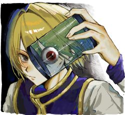  1boy argon_2 arm_up blonde_hair blue_eyes blue_tabard closed_mouth commentary_request eyeball fingernails highres holding holding_jar hunter_x_hunter jar kurapika long_sleeves looking_to_the_side male_focus parted_bangs red_eyes shirt short_hair sleeve_cuffs solo tabard upper_body white_shirt 
