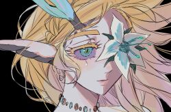  1girl aqua_eyes black_background blonde_hair braid choker crown_braid didi_en_ilu dragon_ears dragon_girl dragon_horns flower flower_over_eye highres horns light_dragon_(zelda) parted_bangs princess_zelda sidelocks silent_princess solo teardrop_facial_mark the_legend_of_zelda the_legend_of_zelda:_tears_of_the_kingdom upper_body 