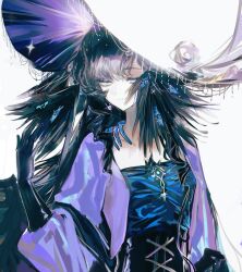  1girl absurdres alternate_costume black_dress black_gloves black_hair commentary_request dress gloves hand_up hat highres isolde_(reverse:1999) long_hair looking_at_viewer purple_sleeves reverse:1999 solo upper_body violet_eyes weiyan_(nbnbmwnl) white_background 