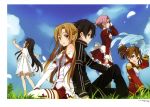  1boy 4girls absurdres asuna_(sao) back-to-back black_eyes black_hair brown_eyes brown_hair detached_sleeves dragon dragon_on_head dress grass hair_ribbon highres horiguchi_yukiko kirito lisbeth long_hair looking_at_viewer multiple_girls open_mouth outdoors pina_(sao) pink_hair pleated_skirt red_eyes red_ribbon red_skirt ribbon short_hair short_twintails silica skirt sky sword_art_online thigh-highs twintails white_dress white_legwear yui_(sao) 