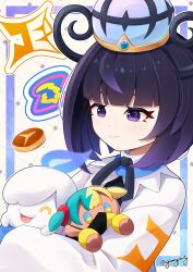  1girl absurdres black_hair blunt_bangs bob_cut canari_plush_(pokemon) character_doll coat doll goom_(goomyparty) gradient_hair gwynn_(pokemon) hat highres holding holding_doll holding_pokemon litwick long_sleeves mega_stone multicolored_hair pokemon pokemon_(creature) pokemon_legends:_z-a purple_hair short_hair smile twitter_username upper_body violet_eyes white_coat 