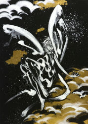  1girl black_background butterfly_wings clouds dress eternity_larva fairy highres ikeda_ruriko insect_wings looking_at_viewer outline solo spot_color sundress touhou traditional_media white_outline wings 