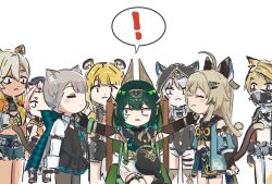  ! 6+girls animal_ears ashru_(genshin_impact) black_cat black_gloves brown_hair cat cat_ears cat_girl cat_tail chair cipher_(honkai:_star_rail) closed_eyes diona_(genshin_impact) dress feral_instincts genshin_impact gloves green_eyes green_hair grey_hair happy highres honkai:_star_rail honkai_(series) japanese_clothes ju_fufu kirara_(genshin_impact) long_hair long_sleeves looking_at_another lynette_(genshin_impact) multiple_girls nefer_(genshin_impact) nekomata on_chair pantyhose petting pulchra_fellini short_hair simple_background sitting smile spoken_exclamation_mark standing tail violet_eyes white_background xilonen_(genshin_impact) xinzoruo zenless_zone_zero 