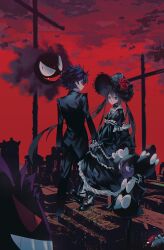  1boy 1girl black_dress black_hair choker dress formal_clothes gastly gengar goth_fashion highres hugh_(pokemon) kkodle2 poke_ball pokemon pokemon_(creature) pokemon_bw2 rosa_(pokemon) suit 