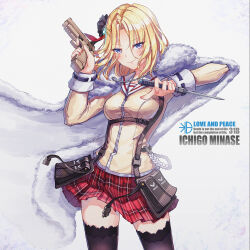  1girl absurdres belt belt_pouch black_flower black_rose black_thighhighs blonde_hair blue_eyes blush breasts buckle cape character_name cloak closed_mouth combat_knife copyright_name cowboy_shot dagger dual_wielding english_text eyes_visible_through_hair finger_on_trigger fingernails floating_cape flower fur-trimmed_cape fur-trimmed_cloak fur_cape fur_trim gun hair_between_eyes hair_flower hair_ornament hairclip handgun heaven_burns_red highres holding holding_dagger holding_gun holding_knife holding_weapon holster knife legs_apart long_sleeves looking_at_viewer medium_breasts medium_hair minase_ichigo miniskirt nail_polish parted_bangs pink_nails plaid_clothes plaid_skirt pleated_skirt pouch red_nails red_skirt reverse_grip rose sail_678 sailor_collar school_uniform shirt short_hair simple_background skirt sleeve_cuffs smile solo standing strap thigh-highs trigger_discipline weapon white_background white_cape zettai_ryouiki zipper zipper_pull_tab 