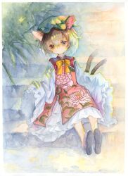  1girl :o absurdres alternate_costume animal_ears black_shoes brown_eyes brown_hair cat_ears cat_girl cat_tail chen commentary_request dress expressionless floral_print frills full_body hair_between_eyes hat highres medium_hair multiple_tails parted_lips red_tabard shoes sitting sitting_on_stairs solo stairs syukou tabard tail touhou traditional_media two_tails very_long_sleeves white_dress 