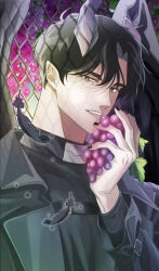  1boy alternate_costume black_coat black_hair black_shirt black_wings brown_eyes chain-link_fence coat commentary_request curtained_hair demon_horns falling_feathers feathered_wings feathers fence food hair_between_eyes hand_up holding_grape horns imminent_bite korean_commentary looking_at_viewer maga_mok23 male_focus narrowed_eyes omniscient_reader&#039;s_viewpoint open_clothes open_coat outdoors parted_lips popped_collar shirt short_hair solo upper_body wings yoo_joonghyuk 