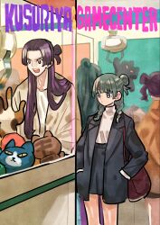  1boy 1girl bag black_jacket black_skirt blue_eyes blunt_bangs braid cat cowboy_shot crane_game furrowed_brow hair_bun half_updo hands_in_pockets highres jacket jinshi_(kusuriya_no_hitorigoto) kusuriya_no_hitorigoto maomao_(kusuriya_no_hitorigoto) open_mouth parted_bangs shoulder_bag sidelocks skirt suit_jacket sweater takeuchi_ryousuke turtleneck twin_braids white_sweater 