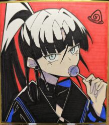  1girl ado_(utaite) black_hair candy commentary_request earrings food hair_between_eyes highres jewelry lollipop long_hair long_sleeves naima_(ado) nori_(norinori_yrl) ponytail portrait red_background shikishi solo traditional_media usseewa 