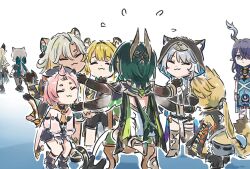  ! 6+girls animal_ears black_cat black_gloves brown_hair cat cat_ears cat_girl cat_tail cipher_(honkai:_star_rail) closed_eyes diona_(genshin_impact) dress feral_instincts genshin_impact gloves green_eyes green_hair grey_hair happy highres honkai:_star_rail honkai_(series) ju_fufu kirara_(genshin_impact) lauma_(genshin_impact) long_hair long_sleeves looking_at_another lynette_(genshin_impact) multiple_girls nefer_(genshin_impact) nekomata pantyhose petting pulchra_fellini short_hair simple_background sitting smile spoken_exclamation_mark standing tail violet_eyes white_background xilonen_(genshin_impact) xinzoruo zenless_zone_zero 