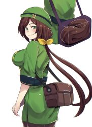 1girl bag bow bowler_hat brown_hair commentary from_side green_hat green_jacket hair_bow hat hayakawa_tazuna highres hinghoi horse_girl horse_tail jacket long_hair looking_at_viewer multiple_views shoulder_bag skirt skirt_suit smile solo split_ponytail suit symbol-only_commentary tail umamusume white_background 