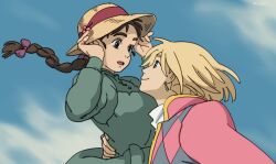  1boy 1girl argyle_clothes argyle_coat arm_around_waist blonde_hair blue_eyes braid breasts brown_eyes brown_hair closed_mouth clouds cloudy_sky coat coat_on_shoulders collared_shirt couple dress earrings findoworld floating_hair green_dress hair_ribbon hands_on_headwear hetero highres howl_(howl_no_ugoku_shiro) howl_no_ugoku_shiro jewelry juliet_sleeves long_hair long_sleeves looking_at_another medium_breasts parted_lips puffy_sleeves ribbon shirt single_braid sky smile sophie_hatter_(howl_no_ugoku_shiro) upper_body white_shirt 