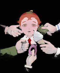  2girls 4boys agnes_sculptham black_background cecil_creepler child cigarette clay_puppington disembodied_hand doughy_latchkey francis_clara_censordoll green_eyes hat highres karl_latchkey male_focus moral_orel multiple_boys multiple_girls nid_log orange_hair parted_lips propeller_hat short_hair solo_focus 