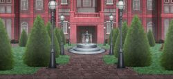  balcony bush day door flower fountain game_cg garden lamppost mansion no_humans non-web_source official_art open_mouth path red_flower scarlet_devil_mansion scenery topiary touhou touhou_gensou_eclipse tree window 