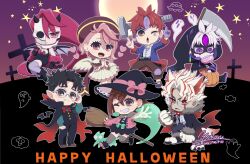  3girls 4boys acrobatic_silky_(dandadan) adjusting_eyewear angel angel_wings artist_name ayase_momo barefoot black_boots black_cape black_dress black_hair black_hat black_hood black_jacket black_pants blue_jacket boots broom brown_eyes brown_hair brown_hat brown_pants brown_shoes cape cat chibi chibi_only clawed_feet cloak colored_skin cosplay crossed_bangs dandadan death_(entity) demon_costume demon_girl demon_horns demon_wings dress dual_persona earrings enjoji_jin evil_eye_(dandadan) facial_mark fang fang_out frankenstein&#039;s_monster frankenstein&#039;s_monster_(cosplay) full_moon fur-trimmed_jacket fur_trim furrowed_brow gakuran ghost glasses graveyard grey_skirt grey_thighhighs grim_reaper grim_reaper_(cosplay) grin half_mask halloween_bucket halloween_costume happy_halloween hat highres hood hood_up hooded_cloak horns jacket jewelry lollipop_in_mouth long_hair mask moon multicolored_hair multicolored_skin multiple_boys multiple_girls object_through_head one_eye_closed one_eye_covered outstretched_hand own_hands_clasped own_hands_together pants parted_bangs parted_lips pink_hair pink_jacket pointing pointing_up purple_skin red_eyes red_hair round_eyewear scar scar_on_arm school_uniform screw_in_head scythe sharp_teeth shiratori_aira_(dandadan) shoes short_hair skirt smile streaked_hair suit_jacket takakura_ken_(dandadan) takakura_ken_(transformed)_(dandadan) teeth thigh-highs third_eye two-tone_skin vampire_costume very_long_hair violet_eyes werewolf_costume white_dress white_hair wings witch witch_hat yokoru 