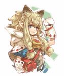  1girl :d animal_ears bag bangs bell blonde_hair blue_eyes blush capelet cat_ears cow_bell extra_ears haku_(sabosoda) half_updo handbag hood hood_down long_hair mittens monster_hunter monster_hunter_x open_mouth paw_print pointy_ears simple_background smile solo upper_body white_background 